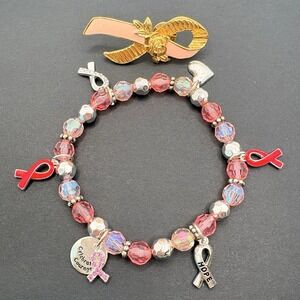 Avon Breast Cancer‎ Awareness Ribbon Pin Brooch & Stretch Charm Bracelet